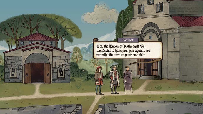 2022 beste Spiele Pentiment - dein Charakter unterhält sich mit einem Mönch namens Gernot vor einer Kapelle, alles im mittelalterlichen Illustrationsstil mit mittelalterlichen Schriftarten gezeichnet