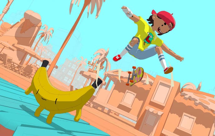 Die Spielerfigur in OlliOlli World springt über eine Banane.